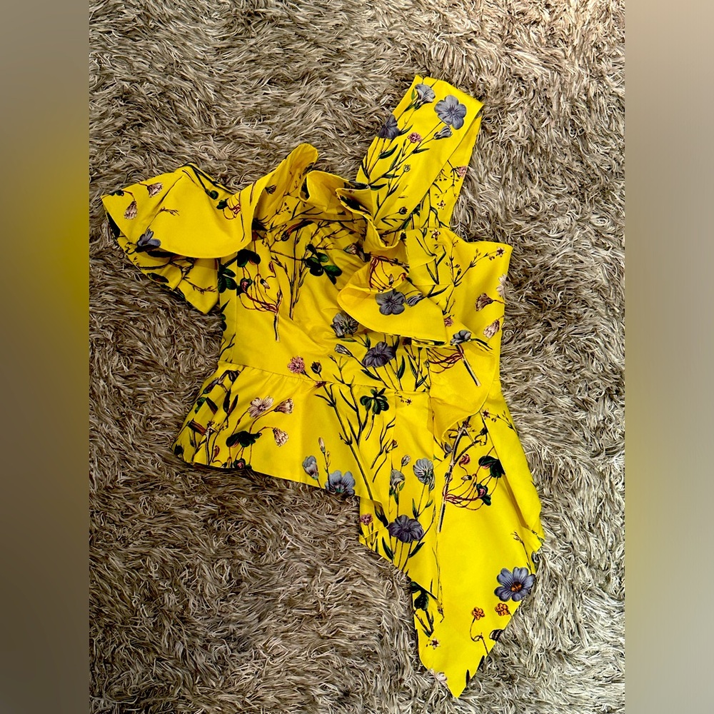 Self Portrait Yellow Floral Print Assymetrical Ruffled Top!